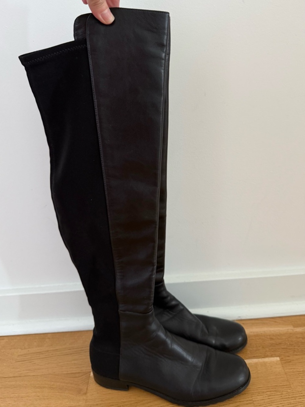 Stuart Weitzman Black Over-the-Knee Leather & Stretch Boots